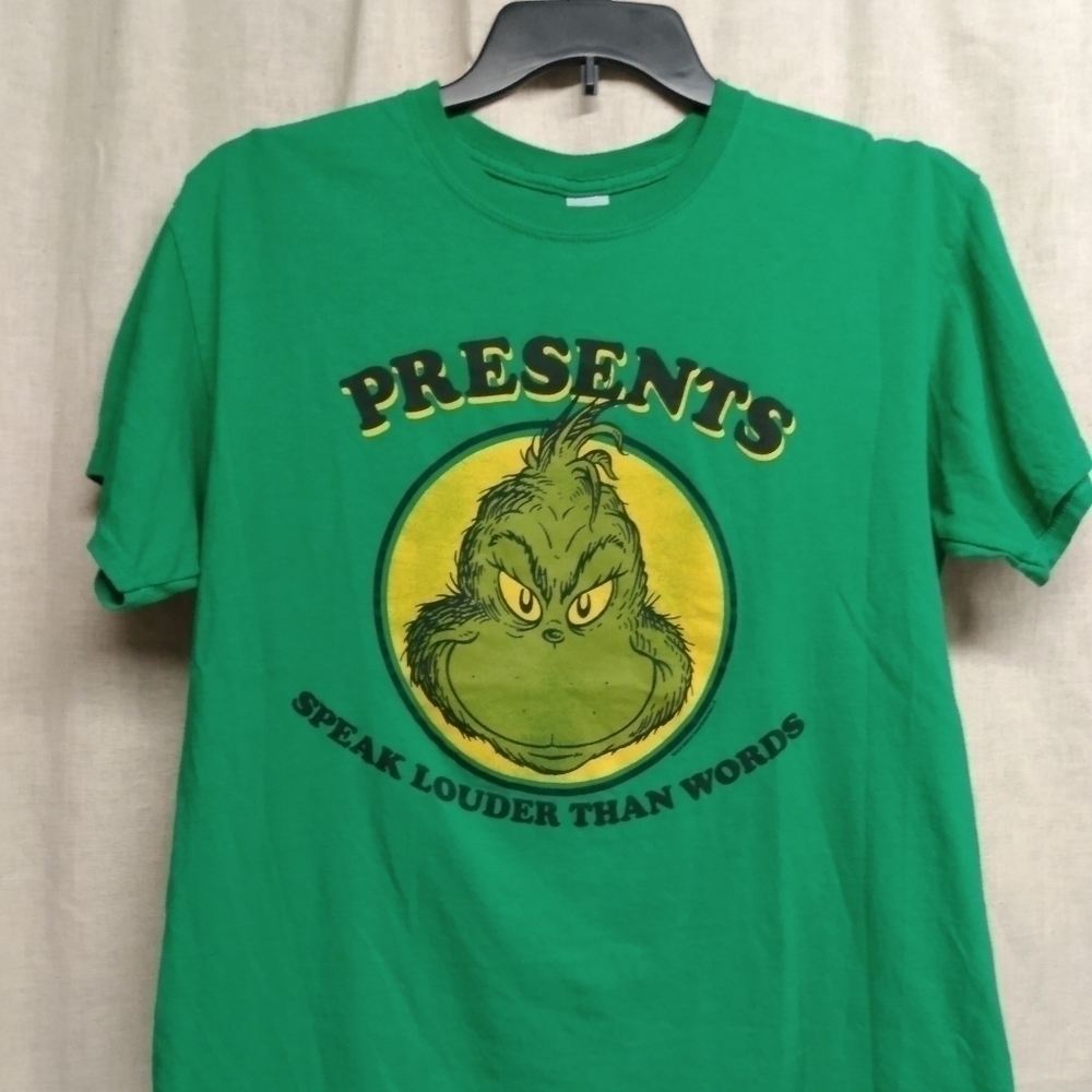 Gildan Grinch T-shirt, sz L, Green, ," Presents Speak Louder Than Words"…